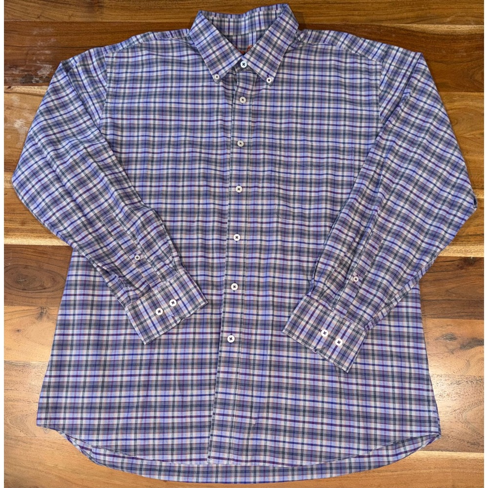 Alan Flusser Mens XL Purple Blue Plaid Cotton Button Down Long Sleeve Shirt